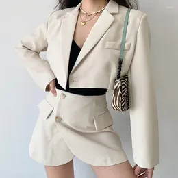 Two Piece Dress Set Women Cropped Blazer And Mini Skirt Solid Elegant Office Ladies Outfits Long Sleeve Navel Exposed Irregular Suits