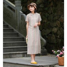 Party Dresses Cotton Linen Mandarin Collar Dress Retro Literary Printing Long Cheongsam Female Summer