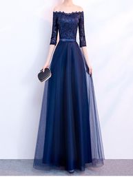 Elegant Navy Blue Evening Dress Strapless Half Sleeves Pleats Tulle Lace Top Prom Dresses Laceup Zipper Back Plus Size Evening Dr8590439