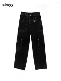 Women's Jeans Baggy Women Cargo Pants Black Vintage High Waist Streetwear Denim Gothic Pockets Chic Straight Wide Leg Trousers