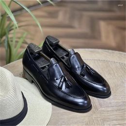 Dress Shoes Genuine Leather Black Men Loafers Round Toe Low Heel Classic Fringe Slip-On Fashion Comfortable Business Casual Daily