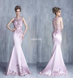 Tony Chaaya 2020 Evening Dresses Light Purple Satin Beaded Mermaid Prom Gowns Sheer Lace Applique Sleeveless Jewel Neck Cheap Part4723927