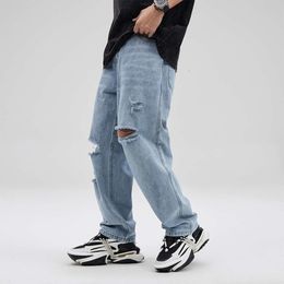 Spring and Summer New Floor Mopping Jeans for Men's Trendy Hang Down Feeling, Loose Straight Tube with Holes, Beggar Wide Leg Long Pants