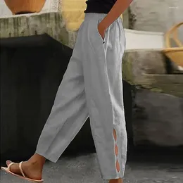 Women's Pants Women Elegant Elastic Waist Solid Long Casual Cotton Linen Hollow Out Straight 2024 Fashion Buttons Loose Trousers