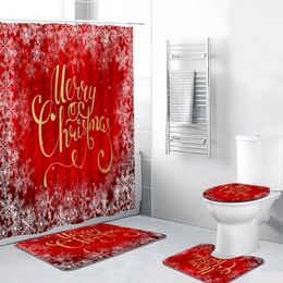 Shower Curtains 4pcs Christmas Set With Rug Xmas Snowflower Joy Year Festive Themed Polyester Fabric Bathroom Decor Mat