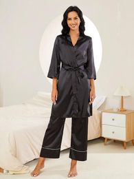 Home Clothing 3Pcs Pajamas For Women Sexy Suspenders Long Sleeves Pants Ladies Nightgown Spring Fall Printed Cardigan Lace-up Sleepwear