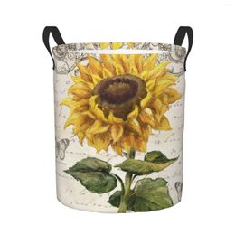 Laundry Bags Sunflowers Over The Mountains And Fields Circular Basket With Handle Portable Waterproof Storage Bucket Bedroom Clothes