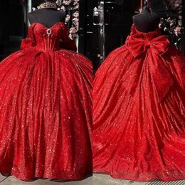 Stunning red princess quinceanera dresses sparkly prom ball gown off shoulder glitter sequins diamond vestido de quinceanera bow 15 Masquerade Dress