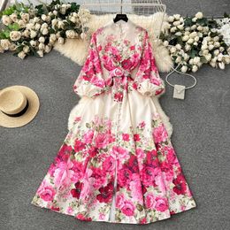 Casual Dresses Elegant Gorgeous Print Flower Women Stand Collar Long Lantern Sleeve Linen Belt Single-Breasted Maxi Robe Clothes 6235