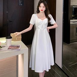 Party Dresses Summer White Short Sleeve Bow Midi Dress Women Black Korean Vintage Hepburn 2024 Red Wedding Elegant Bodycon Vestido