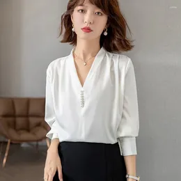 Women's Blouses 2024 Spring And Summer Fashion Top Korean Professional Elegant Shirt V-neck Long Sleeve Casual Solid Colour Clothing