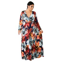 Designer Women's Fashion Sexy European and American Large Size Dress new fashion Paris V-Neck long sleeve Flower Beach Chiffon Dress Obese women's casual dress 3CVZ