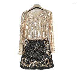 Work Dresses Birthday Party Korean Women's Fashion Heavy Craft Nail Bead Long Sleeve Sequin Shirt With Buttocks And Skirt 2pcs Set