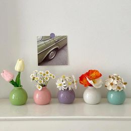 Vases Colorful Simple Solid Color Small Ceramic Vase Flower Bottle Hydroponics Desktop Ornament Plant Pots Office Room Decor