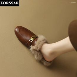 Slippers Soft Leather Half Women Winter Fluffy Slipers Outdoor Flat Heel Mules Fashion Hair Slides