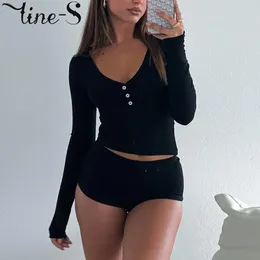 Home Clothing Women Long Sleeve Tops & Shorts Suit Slim Fit Skinny Crop Sets Casual Solid Colour Lightweight Comfy Nightshirt