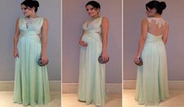 Charming Green Chiffon Evening Gowns Elegant Floor Length Pleat Maternity Dresses 2016 Formal Dresses Applique See Though Back Eve4092190