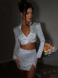 Glitter Blazer Sets for Women Club Night Outfits Sparkly Blazer Matching Sets Female Tracksuit Slit Mini Skirt Two Piece S 240402