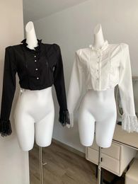 Women's Blouses Black Shirts Y2k Vintage Korean Harajuku 2000s Elegant Fashion Long Sleeve O-Neck Lace White Shirt Clothes 2024