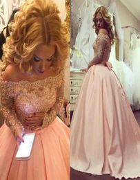 2017 New Pink Vintage Prom Dresses Ball Gown Off Shoulder Lace Crystal Beaded Long Sleeves Sweet 16 Sashes Bow Party Dress Prom Go2652014