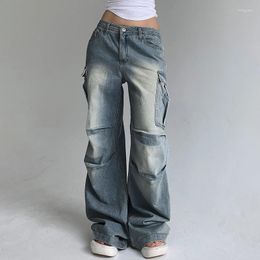 Women's Jeans American Style Pleated Washed Parachute High Waisted Loose Wide Leg Large Pocket Workwear Pants