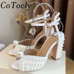 Sandals Summer High Heels Gladiator Women White Pearl Wedding Party Shoes Female Chunky Ankle Strap Woman