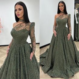 Olive green crystal Evening Dresses elegant one shoulder a line Turkey Prom dress beaded Custom Made Illusion Formal Party gowns