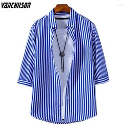 Men's Casual Shirts Young Men Shirt Stripes Blue For Summer 3/4 Sleeve Polyester Male Fashion Clothing 00523