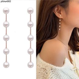 S925 Silver Needle Earrings Fashion Net Red Ins Temperament Pearl Chain Long Tassel P9my