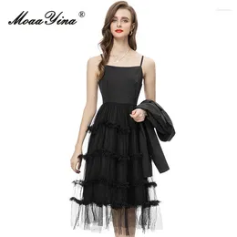 Casual Dresses MoaaYina Autumn Fashion Runway Black Vintage Mesh Dress Women Square Collar Ruffle Slim Sling Long Short Coats 2 Piece Set