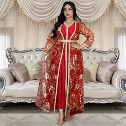 Ethnic Clothing Sequined Embroidery Dubai Abaya Muslim Sets Belted Kaftan Party Robe Femme Musulmane Caftan Marocain Women's Jalabiya