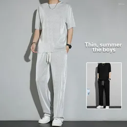 Running Sets Ice Silk Men Clothing Men's Summer Sports Set Round Neck T-shirt Drawstring Pants Two-piece For Indoor Outdoor Activities