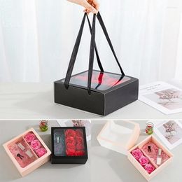 Gift Wrap Square Paper Box With Handle Flower Packaging Boxes Transparent Clear Window Pull-Out Floral Portable Wedding Handbag