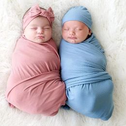 Blankets Born Baby Cotton Swaddle Wrap Towel With Headband Hat 2pcs/set For Girls Boys Pography Props Gift Supplies