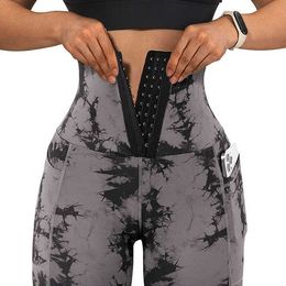 Girdle Pants Tie Dye Print Tummy Control Butt Lifting Pocket Design Yoga Skinny Female Sports Trousers Ladies Leggings