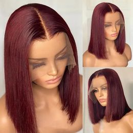 13x4 99J Short Bob Human Hair Dark Red Burgundy Colour Full Frontal Blunt Cut Bone Straight Front For Black Woman 240401