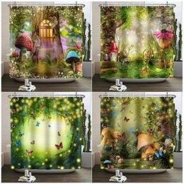 Shower Curtains Fantasy Forest Scenery Butterfly Mushroom Tree House Plant Children Bath Curtain Cloth Bathroom Decor With Hooks