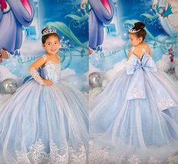 Princess Blue Flower Girl Dresses With Big Bow Sash A Line Crew Neck Sheer Long Sleeves Appliques Sequins Long Toddler Teens Pageant Party Gowns