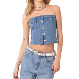 Women's Vests Women Denim Crop Tops Zip Up Spaghetti Strap Camis Vest Push Bustier Bra Jean Corset Top Summer Streetwear