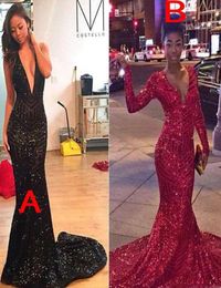 Long Sleeves Sequins Prom Dress Sparkly Plunging V Neck Black Girl Backless African Graduation Evening Party Gown Plus Size Custom5971311