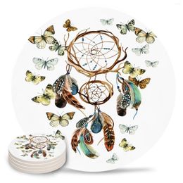 Table Mats Dream Catcher Feather Butterfly White Ceramic Set Coffee Tea Cup Coasters Kitchen Accessories Round Placemat