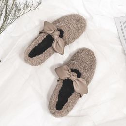 Casual Shoes Lamb Fur Winter Flat Woman Leather Bowknot Band Moccasins Female Cosy Plush Outdoor Woollen Loafers 2024