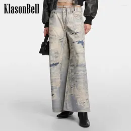Women's Jeans 3.5 KlasonBell 2024 Distressed Rendergaph Print Wide Leg Pants Women Clothes Mid Waist Lace-up Sashes Loose