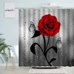 Shower Curtains Butterfly Red Rose Black Leaves Waterdrop Background Creative Nordic Woman Home Bathroom Decor Bath Curtain Set