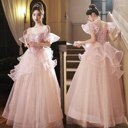 Party Dresses It's Yiiya Pink Sequins Tulle Boat Neck Ruched Floor-Length Short Sleeves Lace Up A-Line Formal Dress Woman A2815