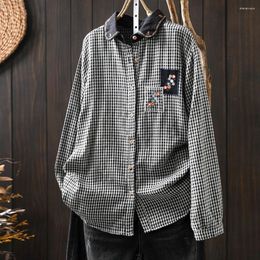 Women's Blouses Literary Black White Plaid Elegant Summer Woman 2024 Embroider Patch Shirts Designer Clothes Women Luxury Tops