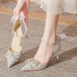 Dress Shoes Women's Wedding Sliver Bling Ankle Strap Sandals String Bead High Heels Pearls Pointed Toe Back Bow Pumps Summer 1453N