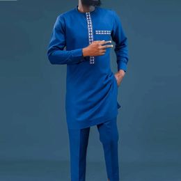 Kaftan Men Sets Clothes Outfit Embroidered Pocket Top Long Sleeve 2pcs Suit African Ethnic Style Costumes Men Traditional M-4XL 240326