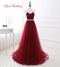 2018 New Cheap Dark Red Long Prom Party Dresses Strapless Sweetheart Neckline Robe de soiree Tulle Beaded Sash Evening Weeding Gow6225934