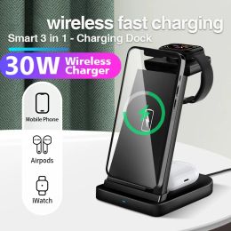 Chargers 30W Wireless Charger Stand For IPhone 13 12 11 XR X 8 Apple Watch 3 In 1 Qi Fast Charging Dock Station for Airpods Pro IWatch 7
